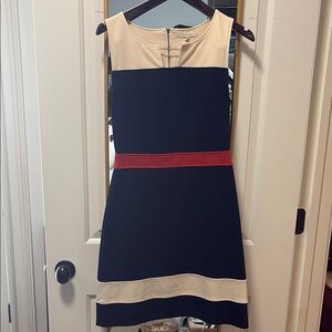 41 Hawthorn navy dress with cream and orange stripes
